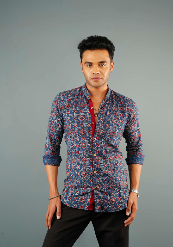 Blue Ajrakh Hand Block print Shirt with Mandarin Collar Full Sleeve Shirt