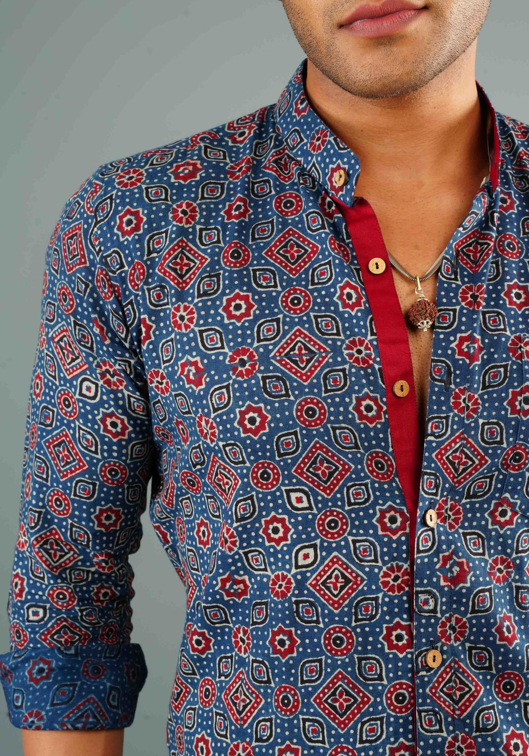 Blue Ajrakh Hand Block print Shirt with Mandarin Collar Full Sleeve Shirt