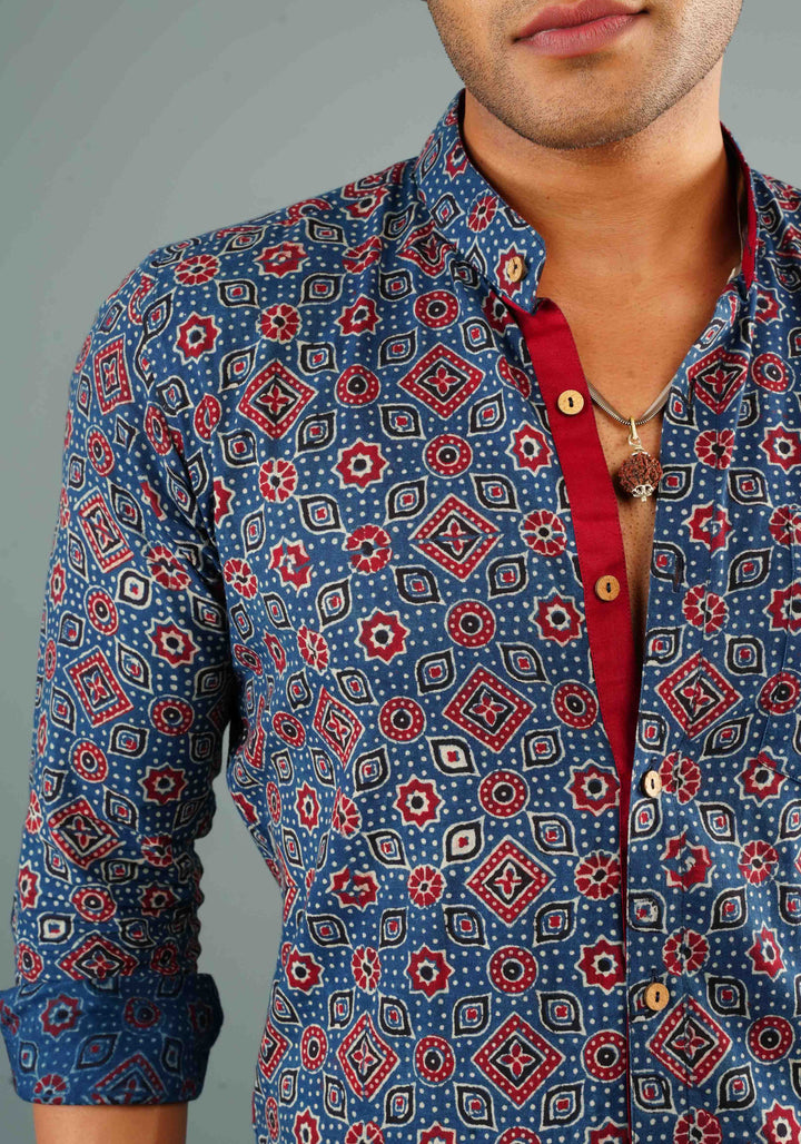 Blue Ajrakh Hand Block print Shirt with Mandarin Collar Full Sleeve Shirt