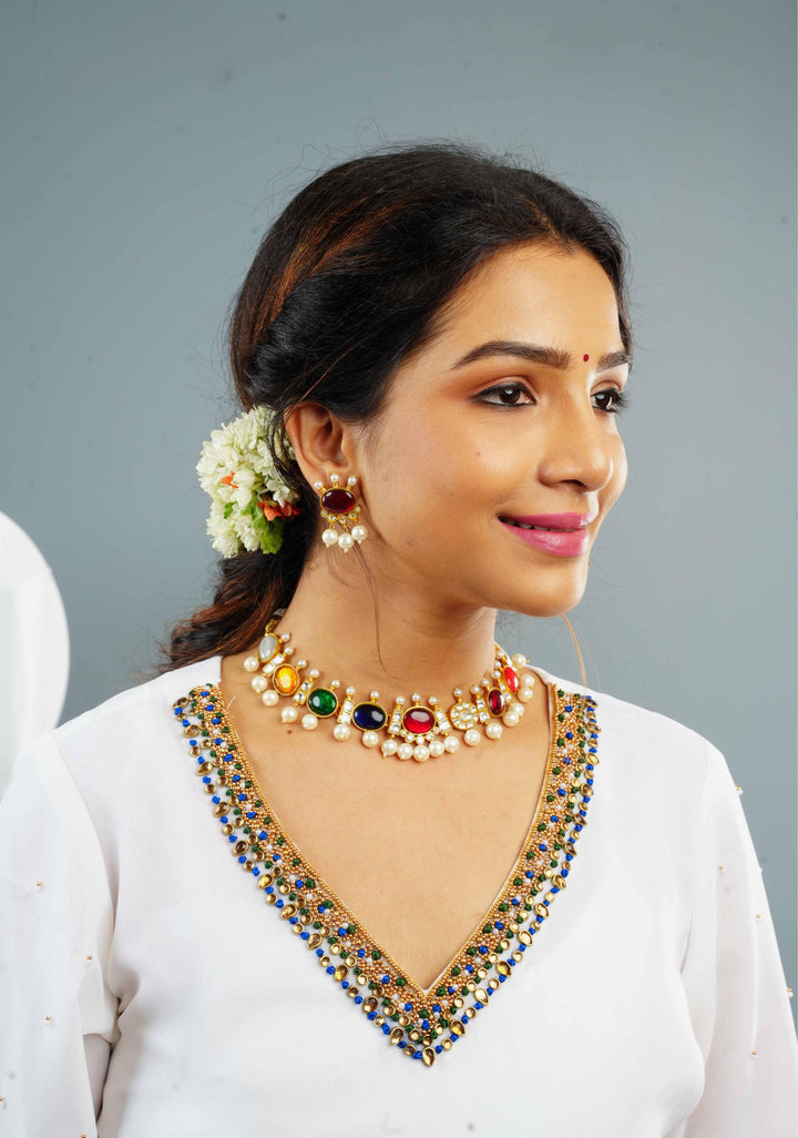 MultiColor Stone Lightweight Necklace and Earring Set | Shobitam Jewelry