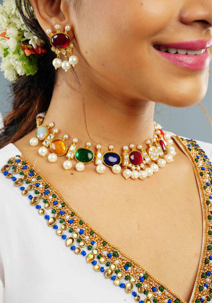 MultiColor Stone Lightweight Necklace and Earring Set | Shobitam Jewelry