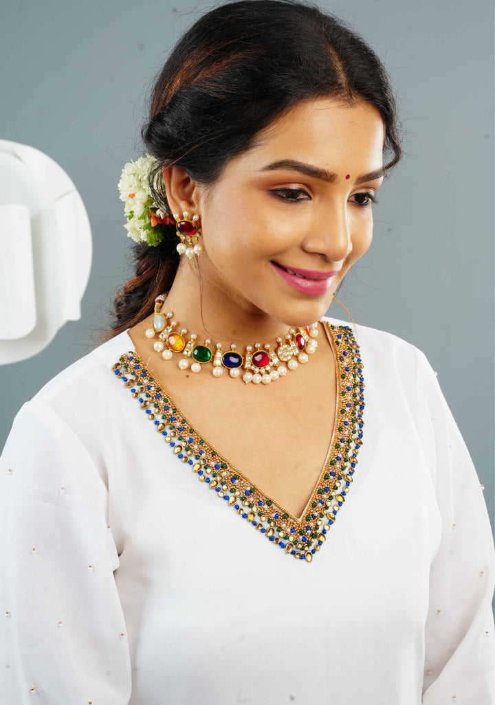 MultiColor Stone Lightweight Necklace and Earring Set | Shobitam Jewelry