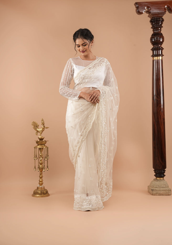 Ivory Net Saree with half jaal sequin and beadwork embellishments