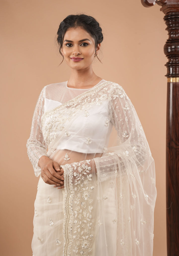White net sheer yoke blouse with cutdana full sleeves, Made to Order