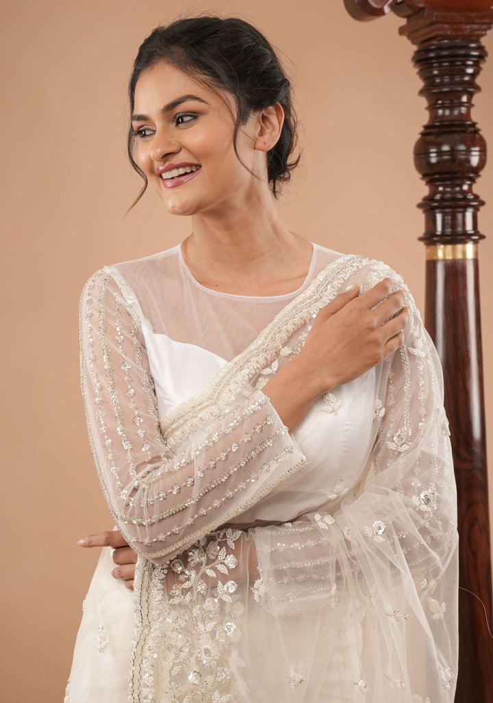 White net sheer yoke blouse with cutdana full sleeves, Made to Order