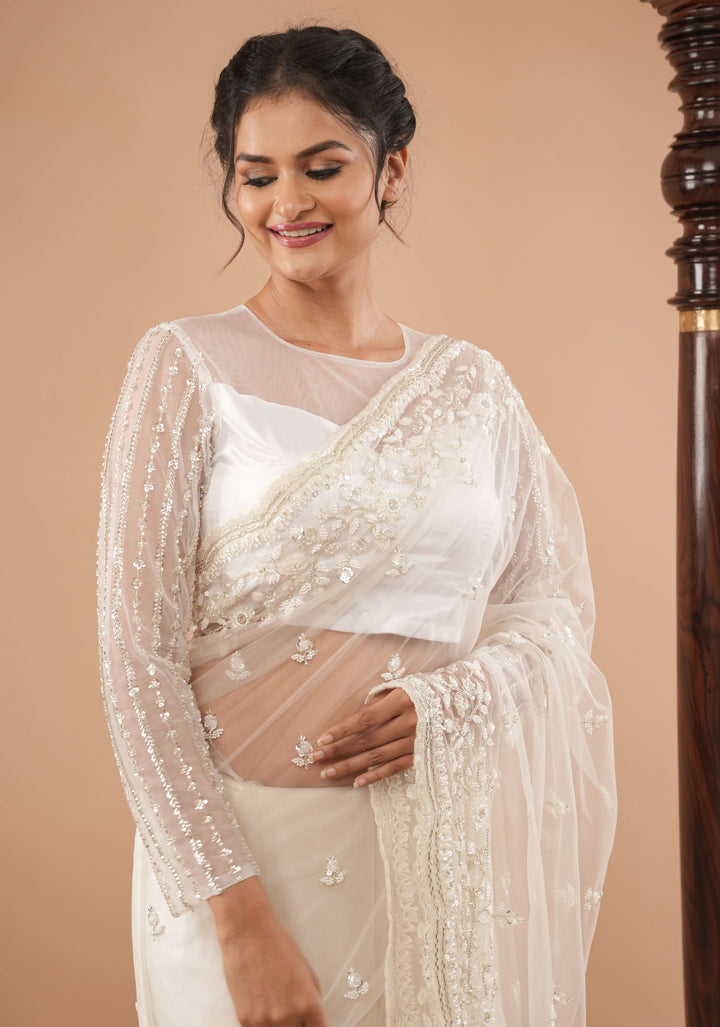 White net sheer yoke blouse with cutdana full sleeves, Made to Order