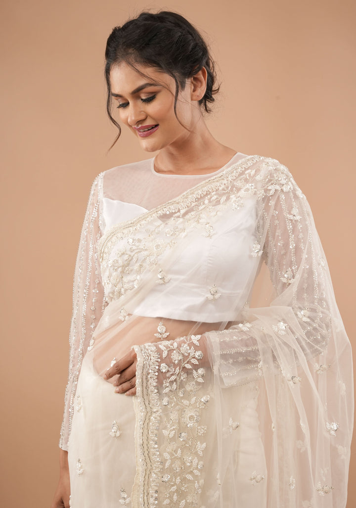 White net sheer yoke blouse with cutdana full sleeves, Made to Order