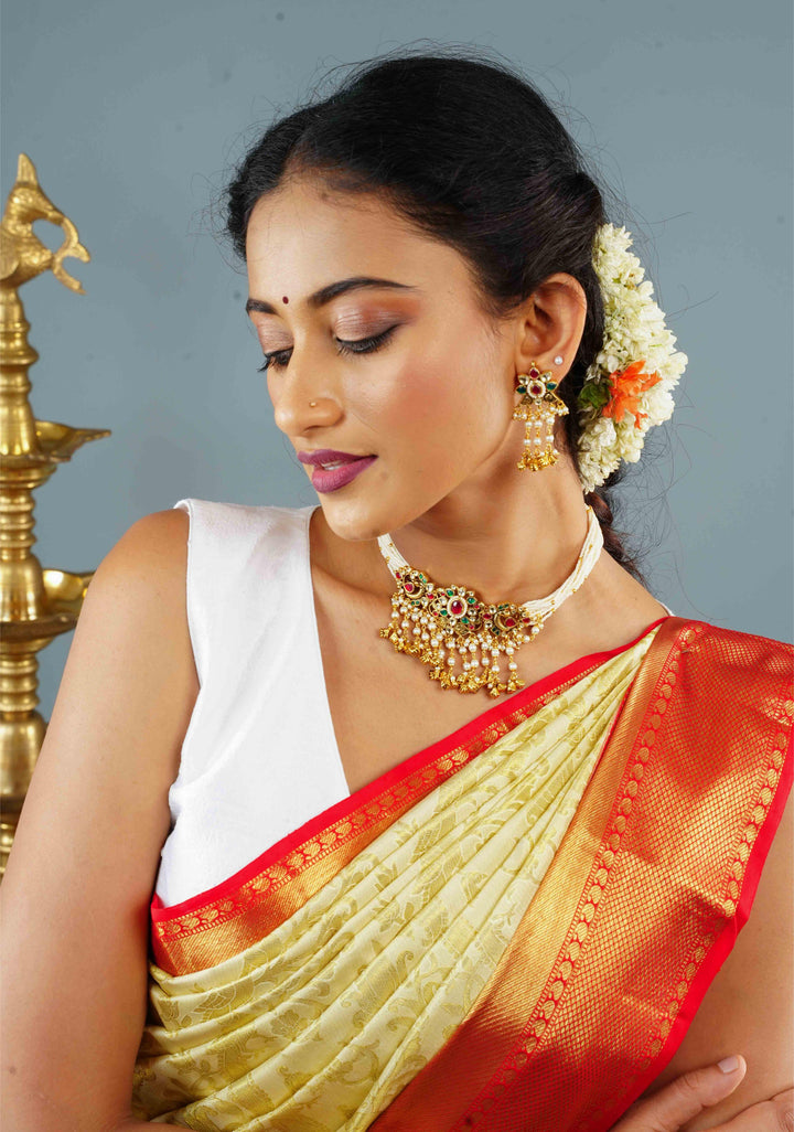 White Ahmedabadi kundan multistrand necklace set with dangling pearl | Shobitam Jewelry