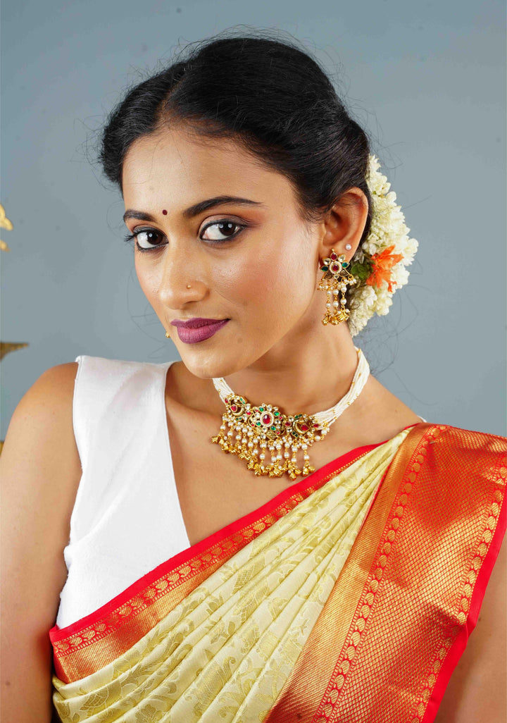 White Ahmedabadi kundan multistrand necklace set with dangling pearl | Shobitam Jewelry