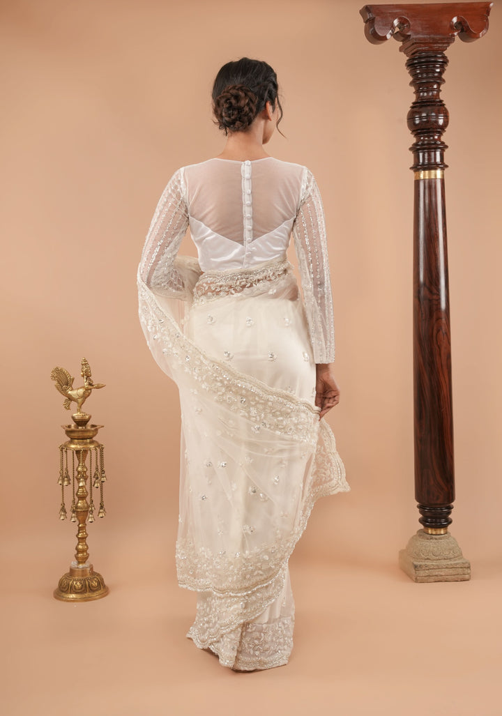 White net sheer yoke blouse with cutdana full sleeves, Made to Order