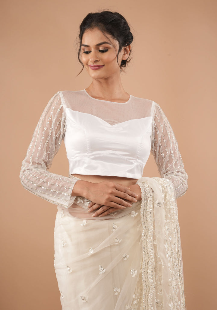 White net sheer yoke blouse with cutdana full sleeves, Made to Order