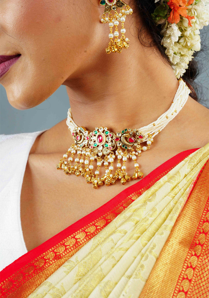 White Ahmedabadi kundan multistrand necklace set with dangling pearl | Shobitam Jewelry