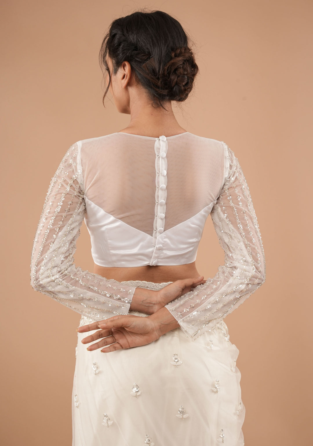 White net sheer yoke blouse with cutdana full sleeves, Made to Order