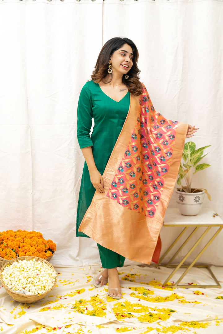 Sruthi Green with Peach Floral dupatta | Made To Order