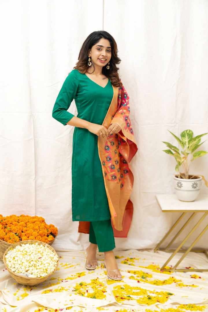 Sruthi Green with Peach Floral dupatta | Made To Order