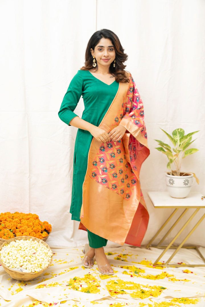 Sruthi Green with Peach Floral dupatta | Made To Order