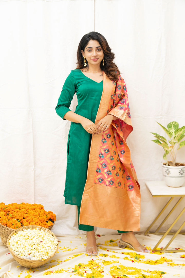 Sruthi Green with Peach Floral dupatta | Made To Order