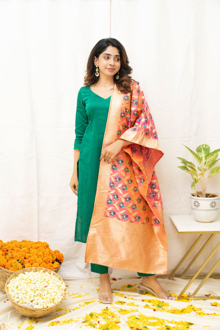 Sruthi Green with Peach Floral dupatta | Made To Order