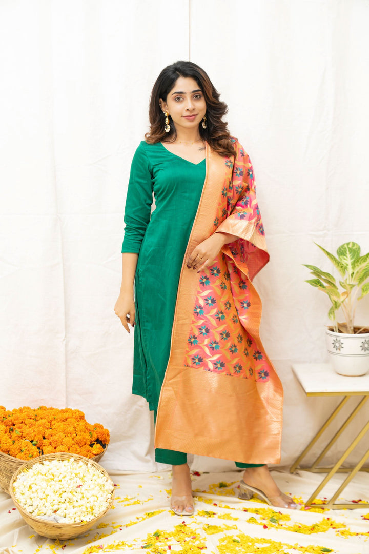 Sruthi Green with Peach Floral dupatta | Made To Order