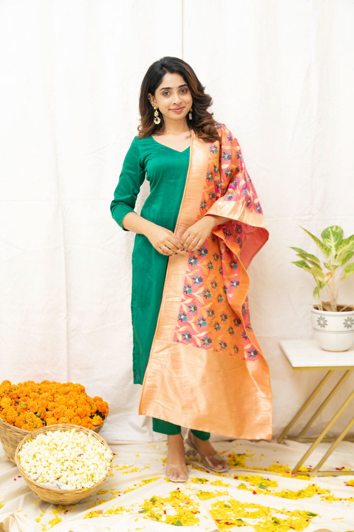 Sruthi Green with Peach Floral dupatta | Made To Order