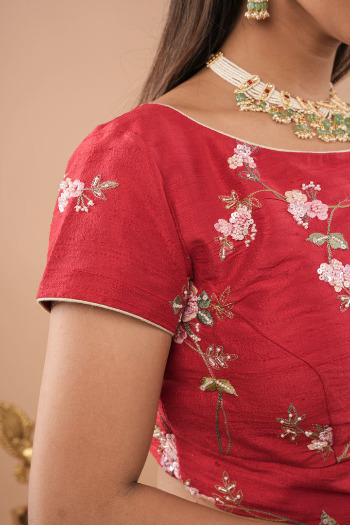 Blood Red Pure Raw Silk Blouse with Floral Embroidery and Moti Jaal | Made to Order