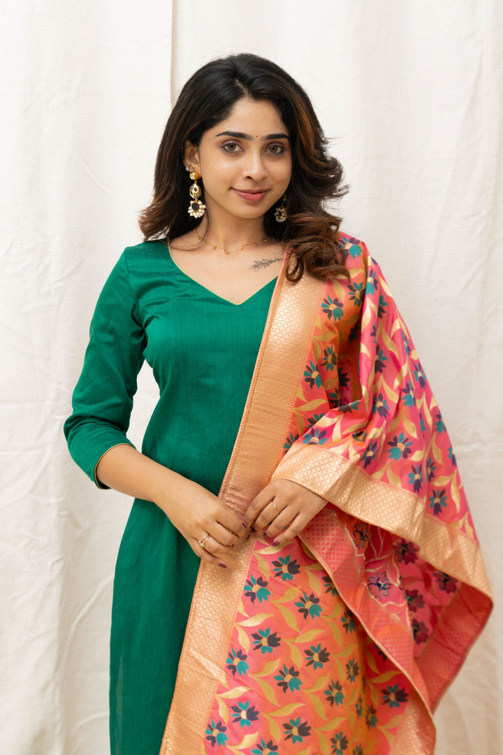 Sruthi Green with Peach Floral dupatta | Made To Order