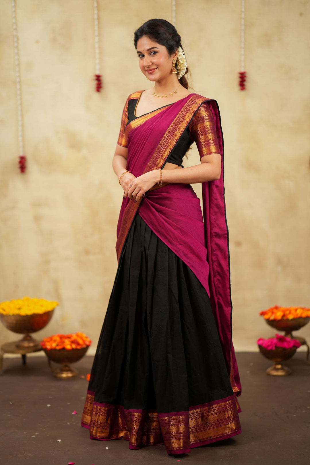 Tamizh Black Halfsaree (Set of 3 ) | SHOBITAM