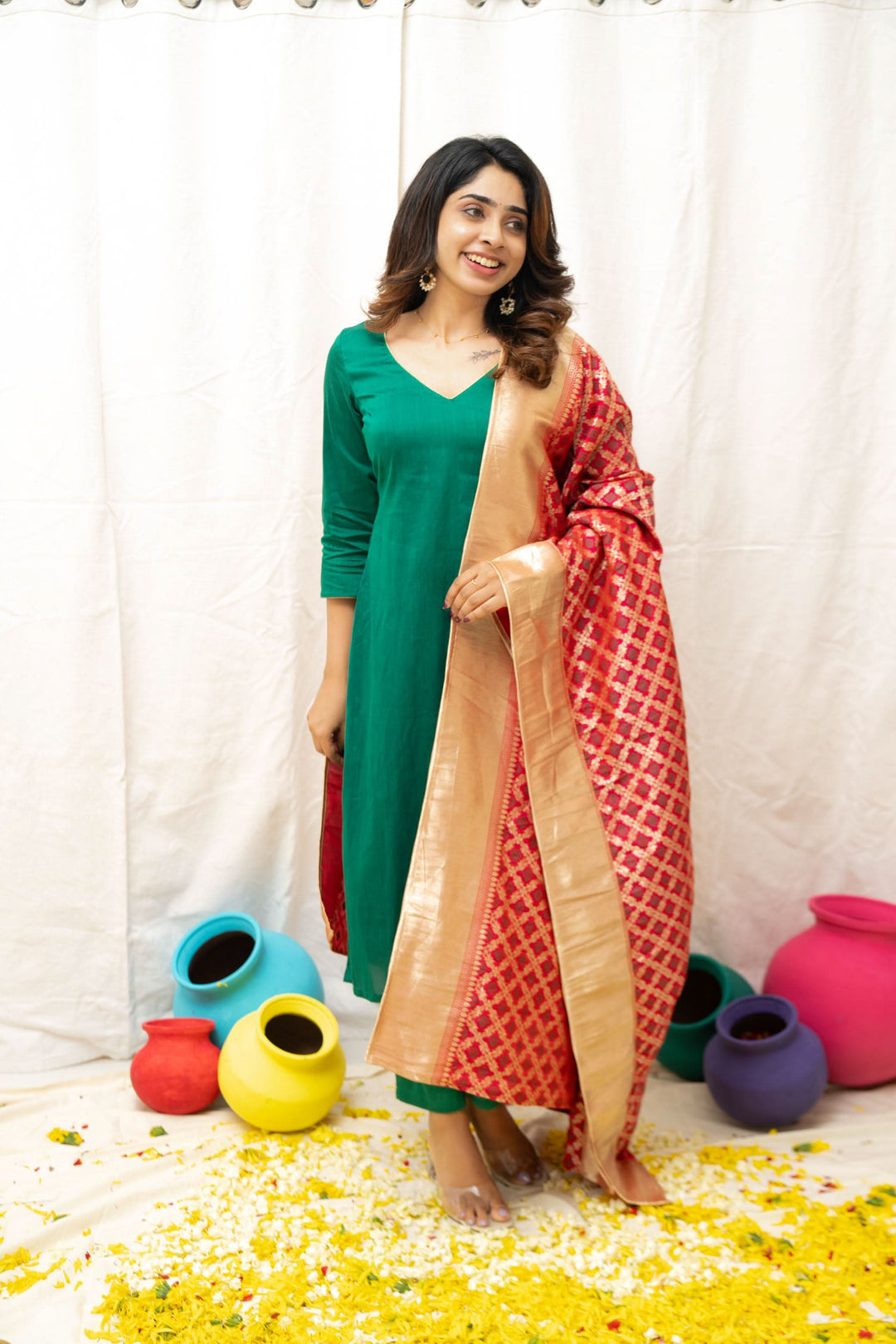 Sruthi Green with Magenta Brocade dupatta | Made To Order