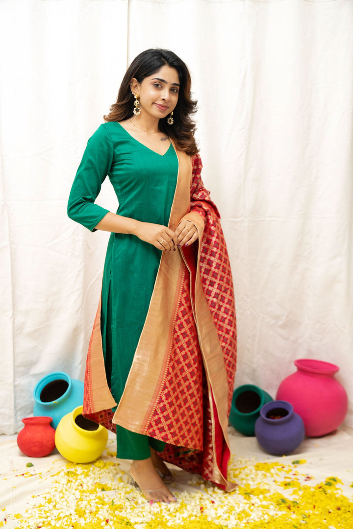 Sruthi Green with Magenta Brocade dupatta | Made To Order