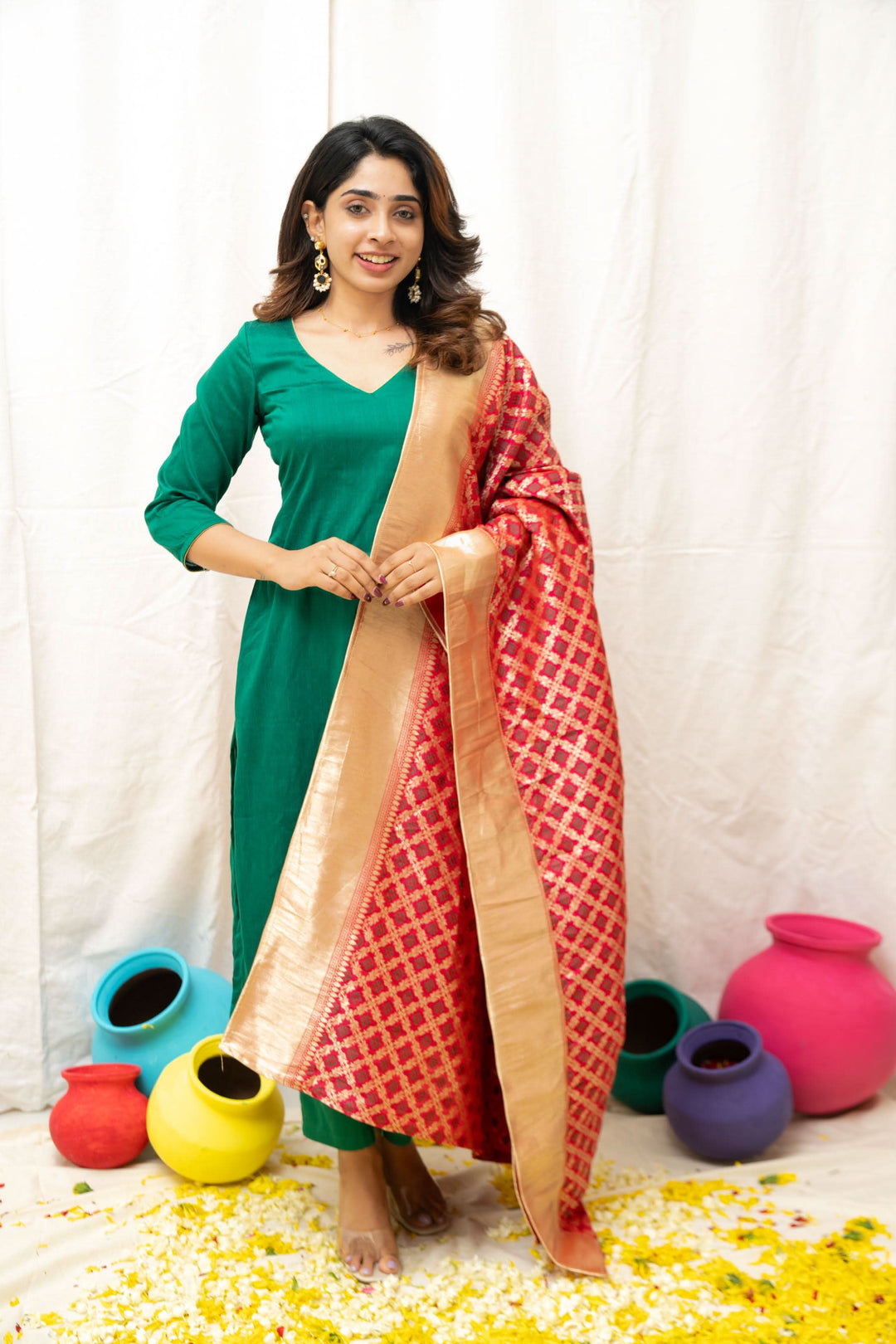 Sruthi Green with Magenta Brocade dupatta | Made To Order