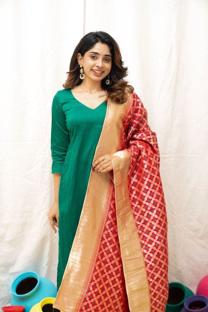 Sruthi Green with Magenta Brocade dupatta | Made To Order