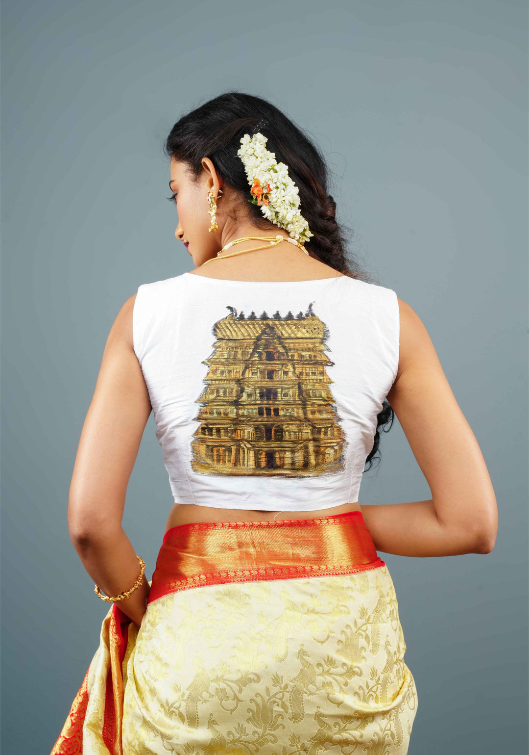 White Pure Raw Silk Sleeveless Blouse with Temple Gopuram Handpainting, Customizable, Made to Order