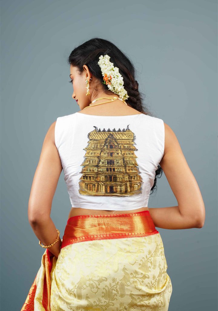 White Pure Raw Silk Sleeveless Blouse with Temple Gopuram Handpainting, Customizable, Made to Order