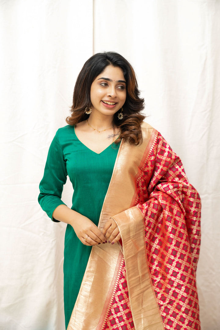 Sruthi Green with Magenta Brocade dupatta | Made To Order