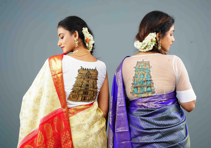 White Pure Raw Silk Sleeveless Blouse with Temple Gopuram Handpainting, Customizable, Made to Order