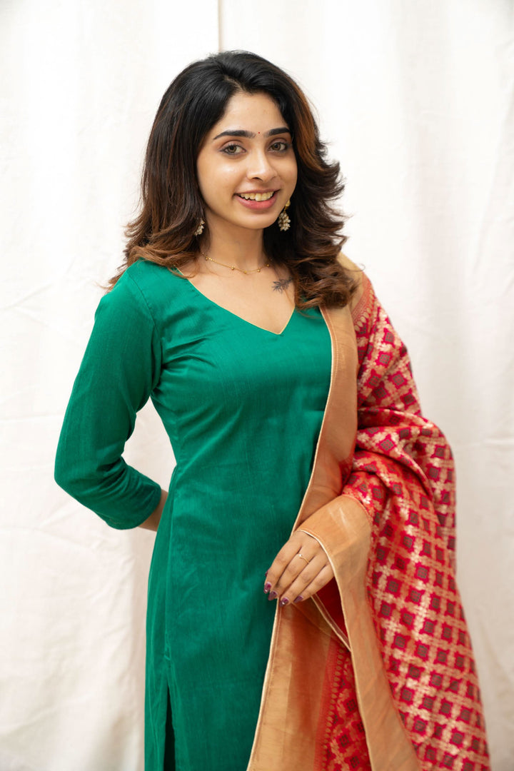 Sruthi Green with Magenta Brocade dupatta | Made To Order
