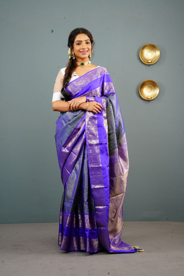 Exquisite Peacock Blue Dual Tone Zari Checks Kanjivaram Pure Silk saree with 2 Side Wide Border | SILK MARK CERTIFIED