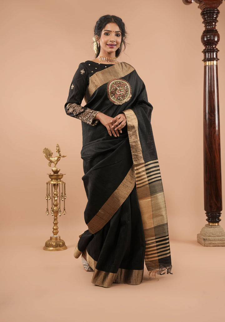 Black Pure Raw Silk Saree with Mandala Kundan hand Embroidery and Zari Border | SILK MARK CERTIFIED