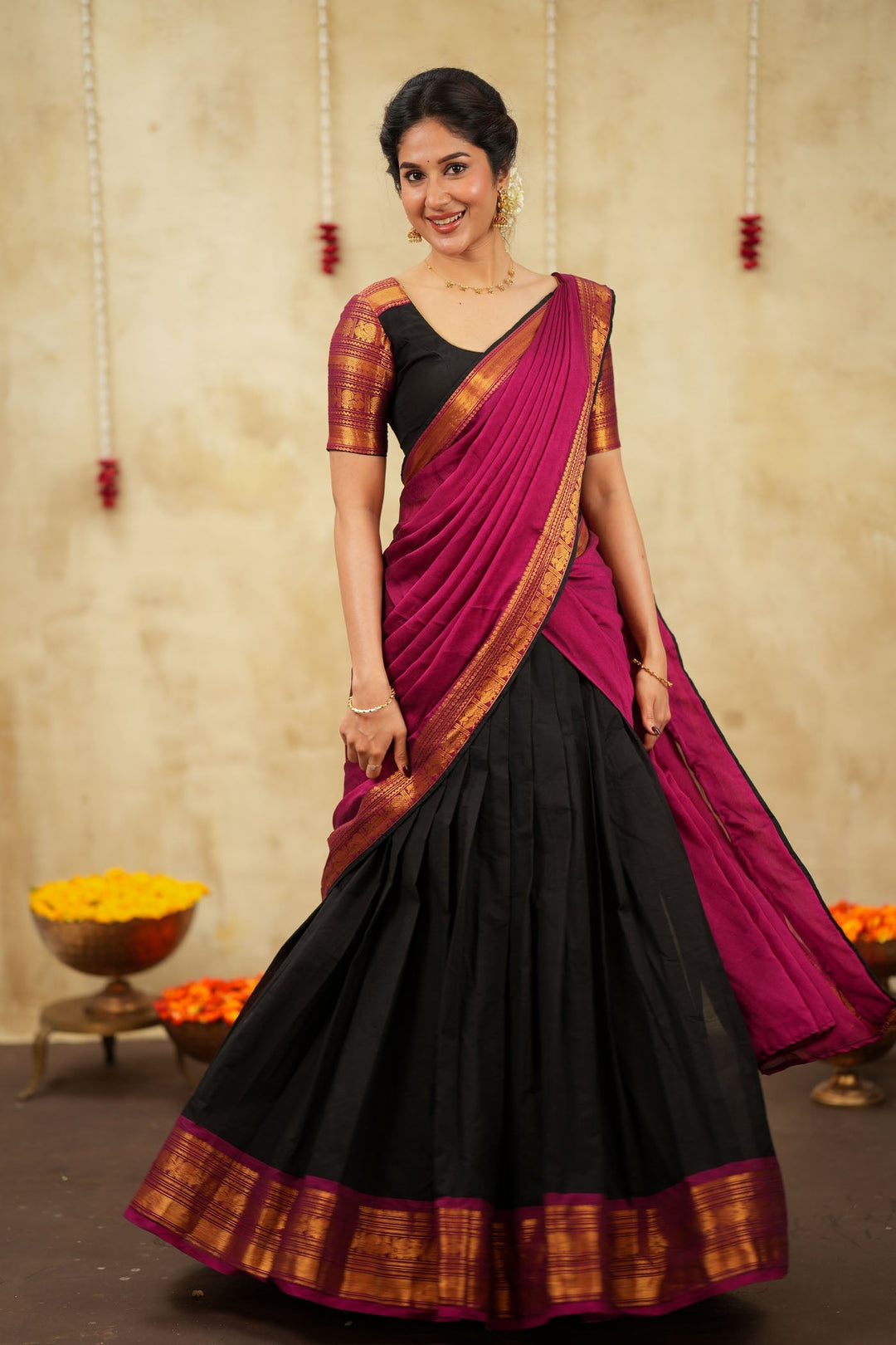Tamizh Black Halfsaree (Set of 3 ) | SHOBITAM