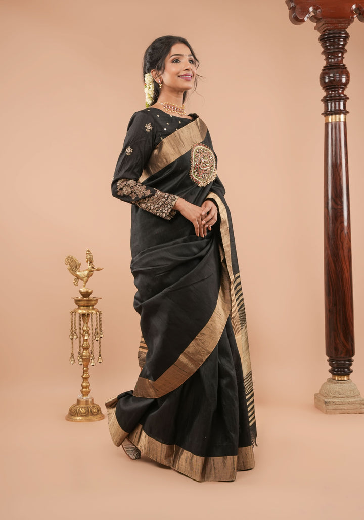 Black Pure Raw Silk Saree with Mandala Kundan hand Embroidery and Zari Border | SILK MARK CERTIFIED