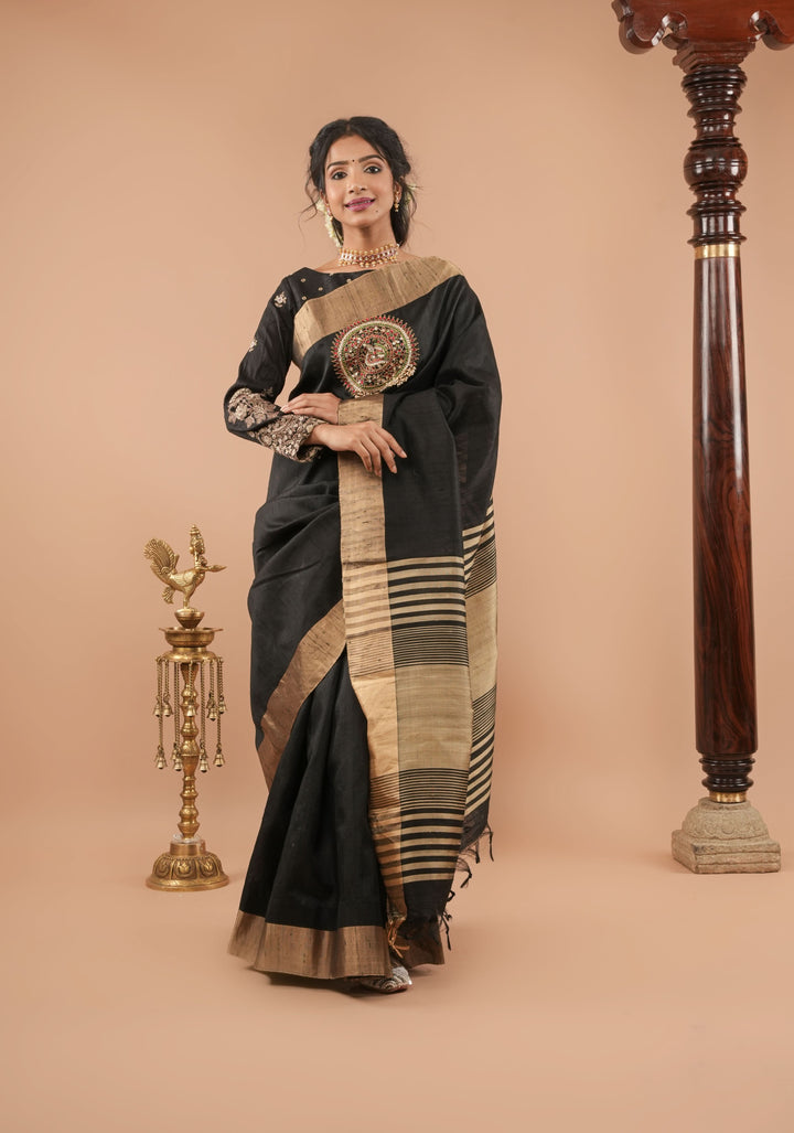 Black Pure Raw Silk Saree with Mandala Kundan hand Embroidery and Zari Border | SILK MARK CERTIFIED