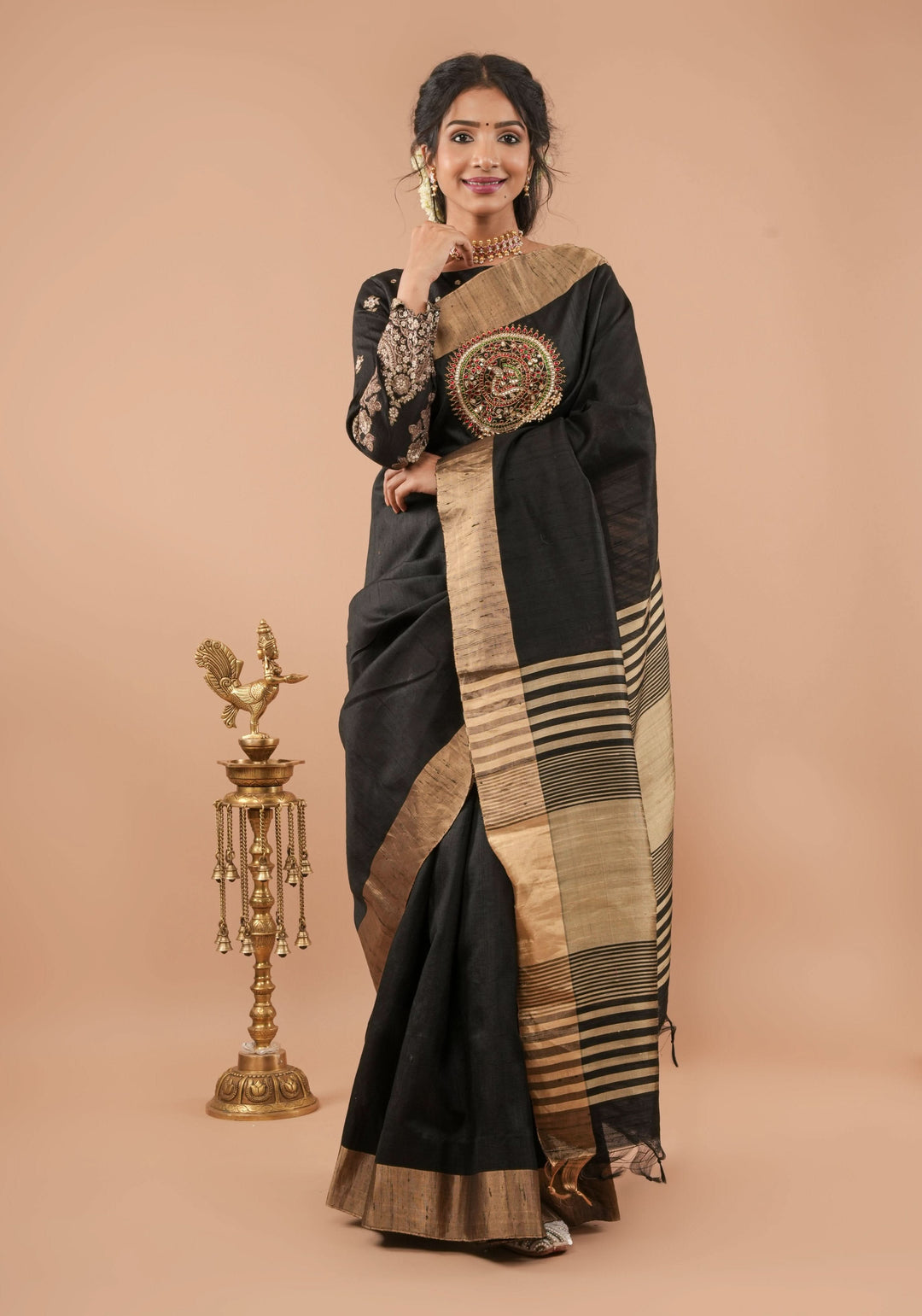 Black Pure Raw Silk Saree with Mandala Kundan hand Embroidery and Zari Border | SILK MARK CERTIFIED