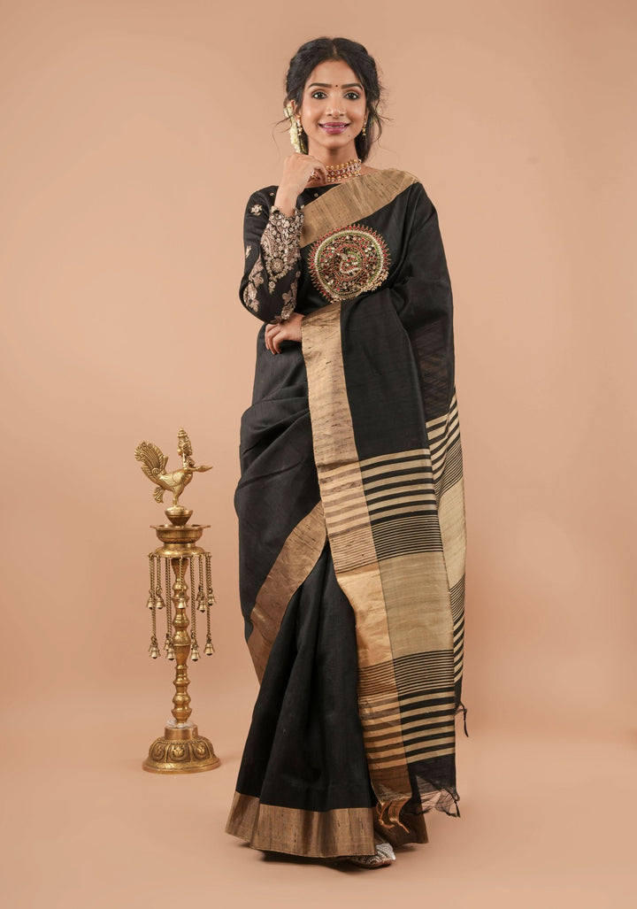 Black Pure Raw Silk Saree with Mandala Kundan hand Embroidery and Zari Border | SILK MARK CERTIFIED