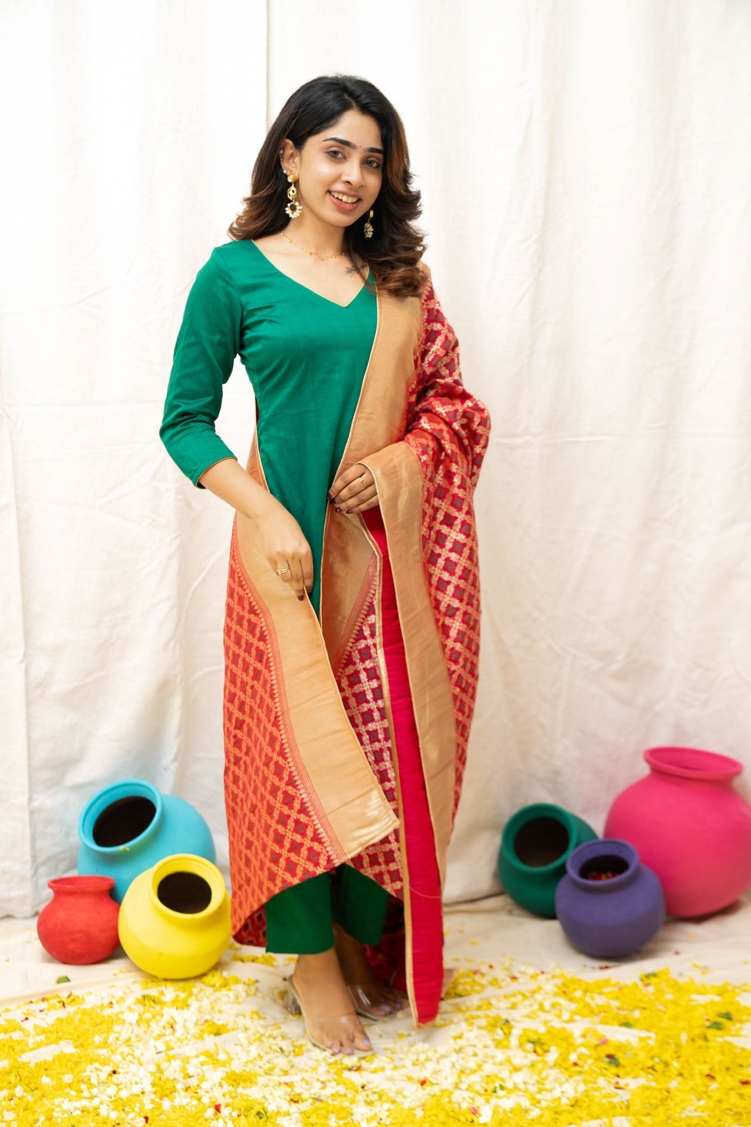 Sruthi Green with Magenta Brocade dupatta | Made To Order