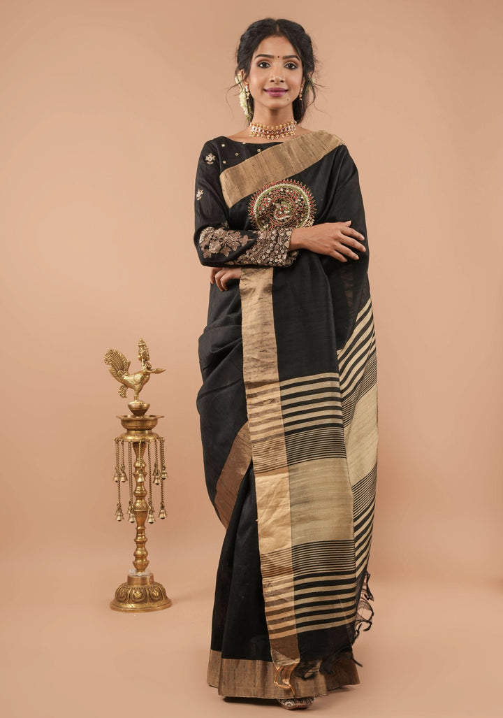Black Pure Raw Silk Saree with Mandala Kundan hand Embroidery and Zari Border | SILK MARK CERTIFIED