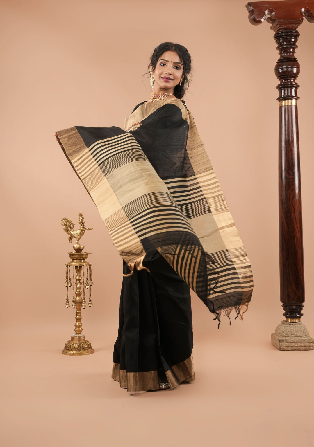 Black Pure Raw Silk Saree with Mandala Kundan hand Embroidery and Zari Border | SILK MARK CERTIFIED