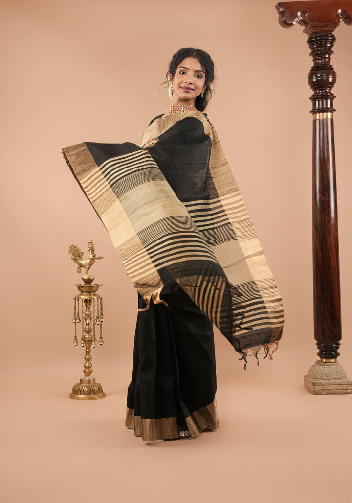 Black Pure Raw Silk Saree with Mandala Kundan hand Embroidery and Zari Border | SILK MARK CERTIFIED
