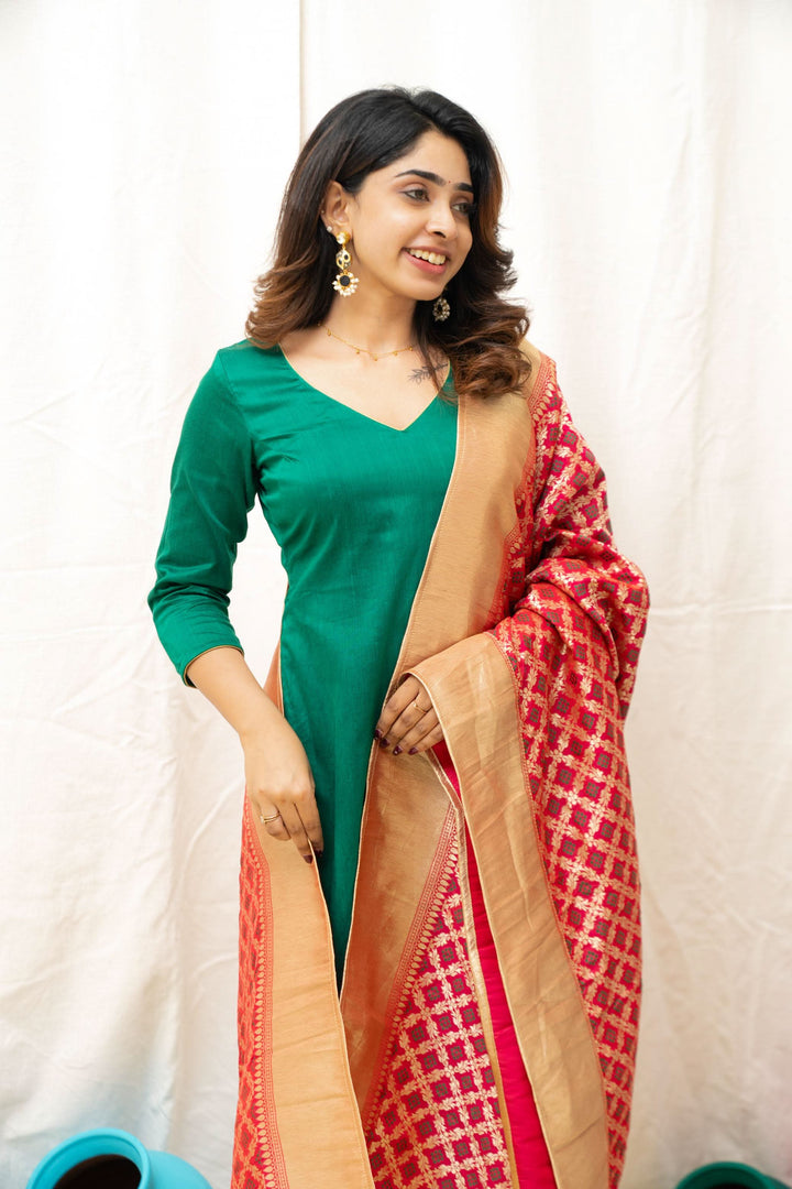 Sruthi Green with Magenta Brocade dupatta | Made To Order