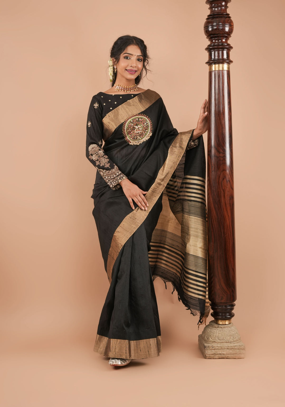 Black Pure Raw Silk Saree with Mandala Kundan hand Embroidery and Zari Border | SILK MARK CERTIFIED