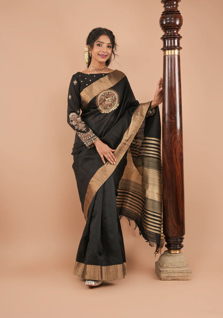 Black Pure Raw Silk Saree with Mandala Kundan hand Embroidery and Zari Border | SILK MARK CERTIFIED
